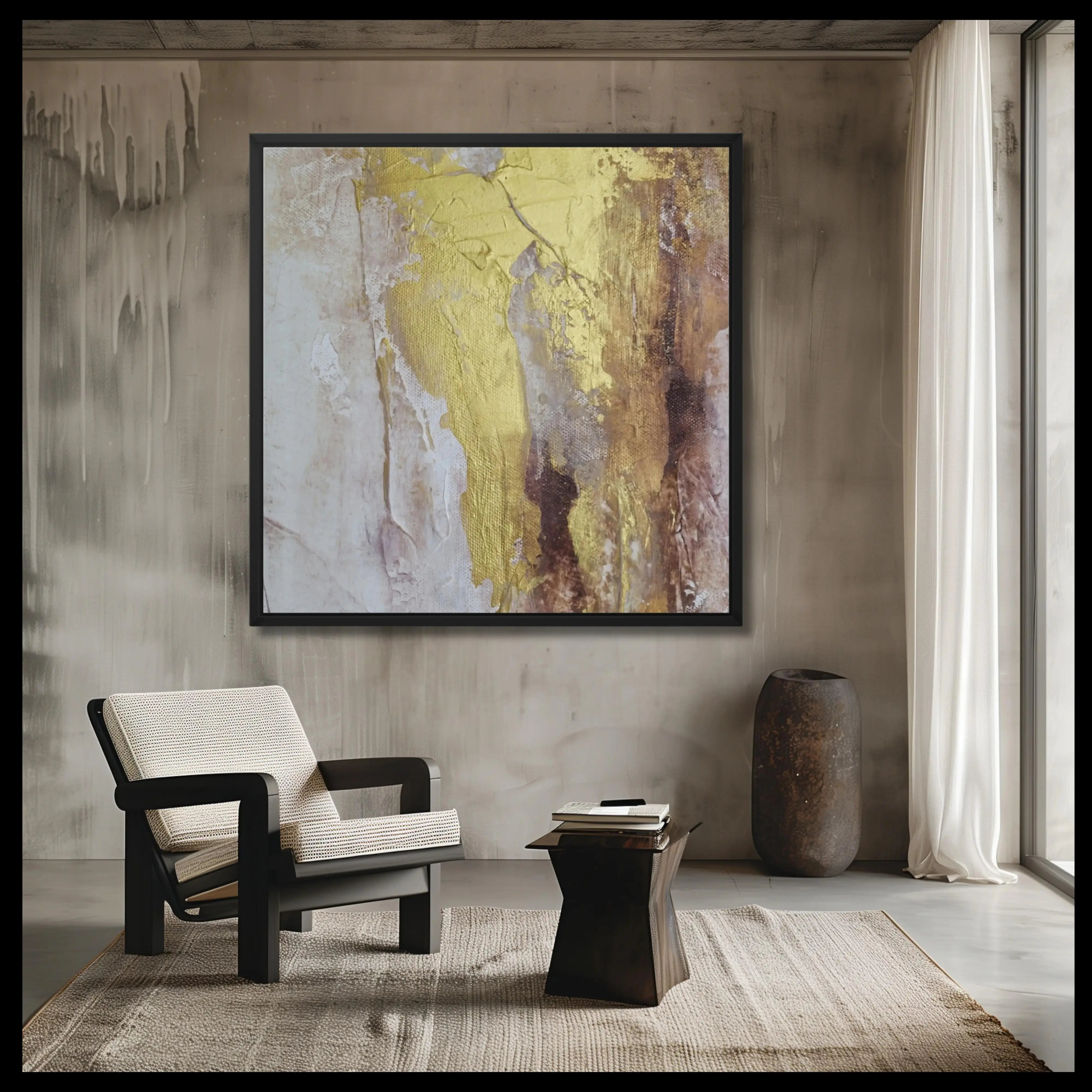 Luxury wall art for dark brown living room.  Framed abstract canvas print in black and gold in a modern contemporary interior with gold accents. 