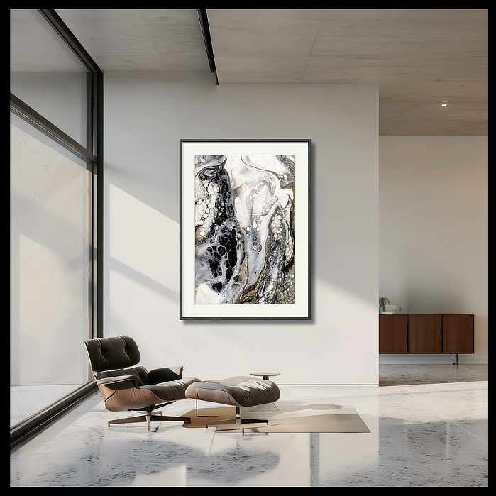 Black & white abstract art print on paper adds elegance to a luxurious living room, against a crisp white backdrop and plush leather armchair.