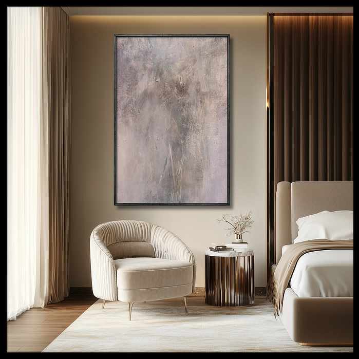 Two gold and black abstract art pieces complement luxurious black leather armchair in a sophisticated modern living room setting, blending elegance and contrast.