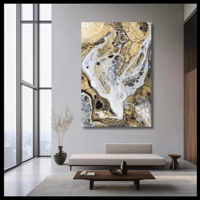 Sleek black & white abstract art stands in contrast to beige and grey tones of a luxurious modern bedroom. Elegant decor piece near swimming pool in a high-end home setting.