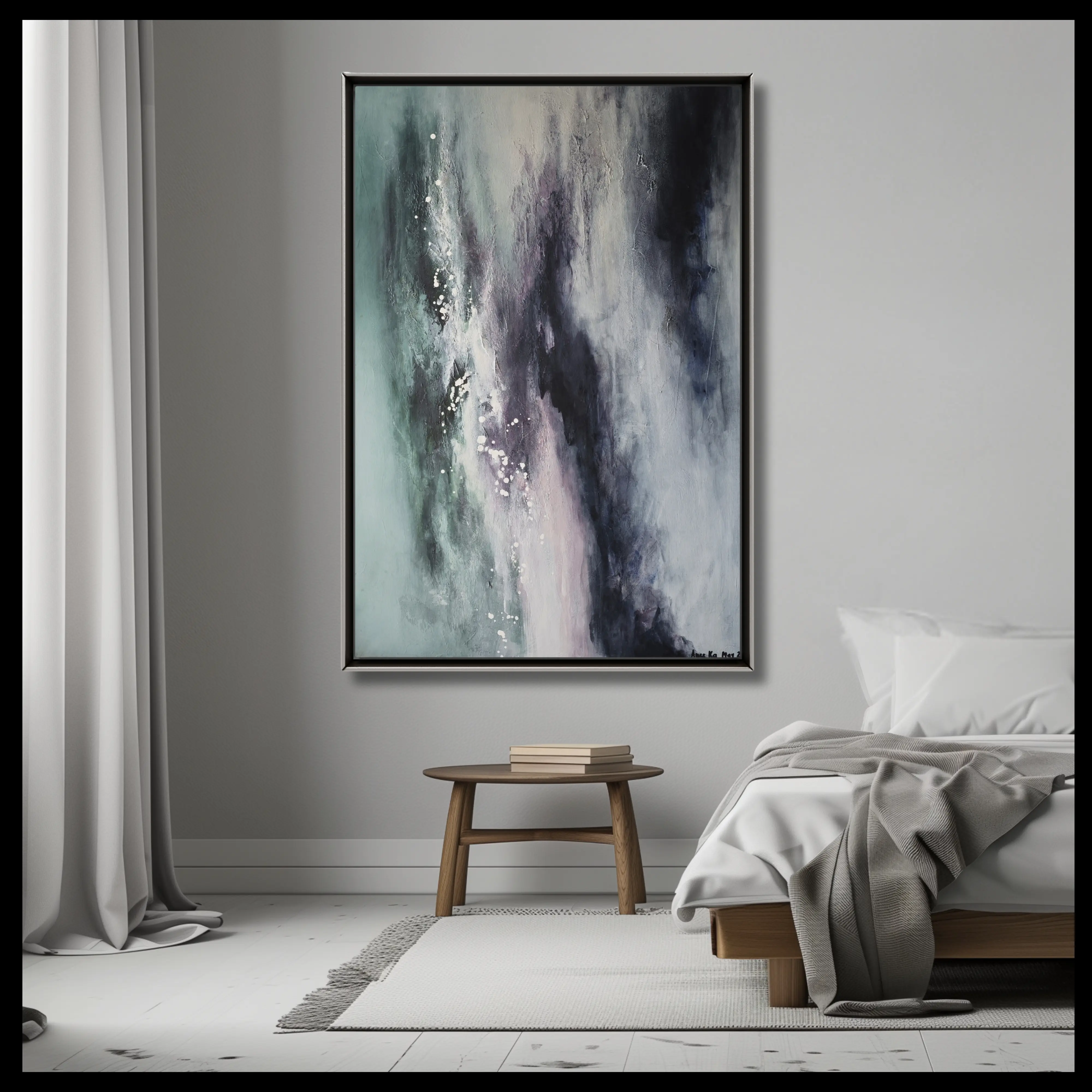 Modern cosy bright bedroom in cream with framed minimalist abstract art in ivory above the cosy bed.