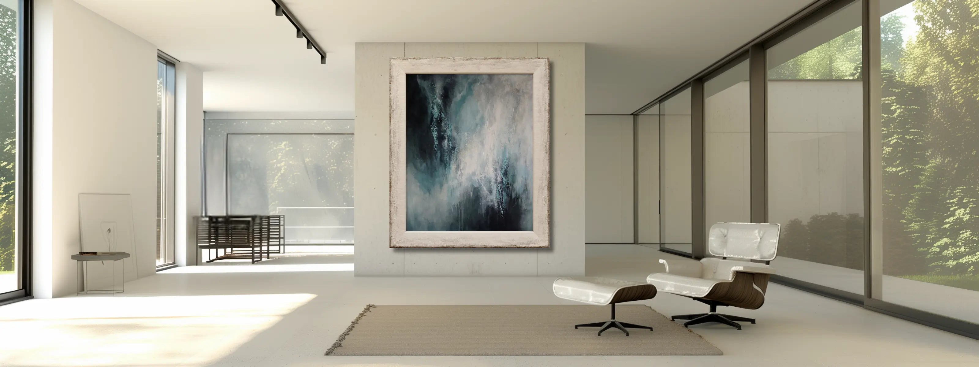 White luxury living room with a designer furniture and hand painted abstract wall art in a luxury frame. 