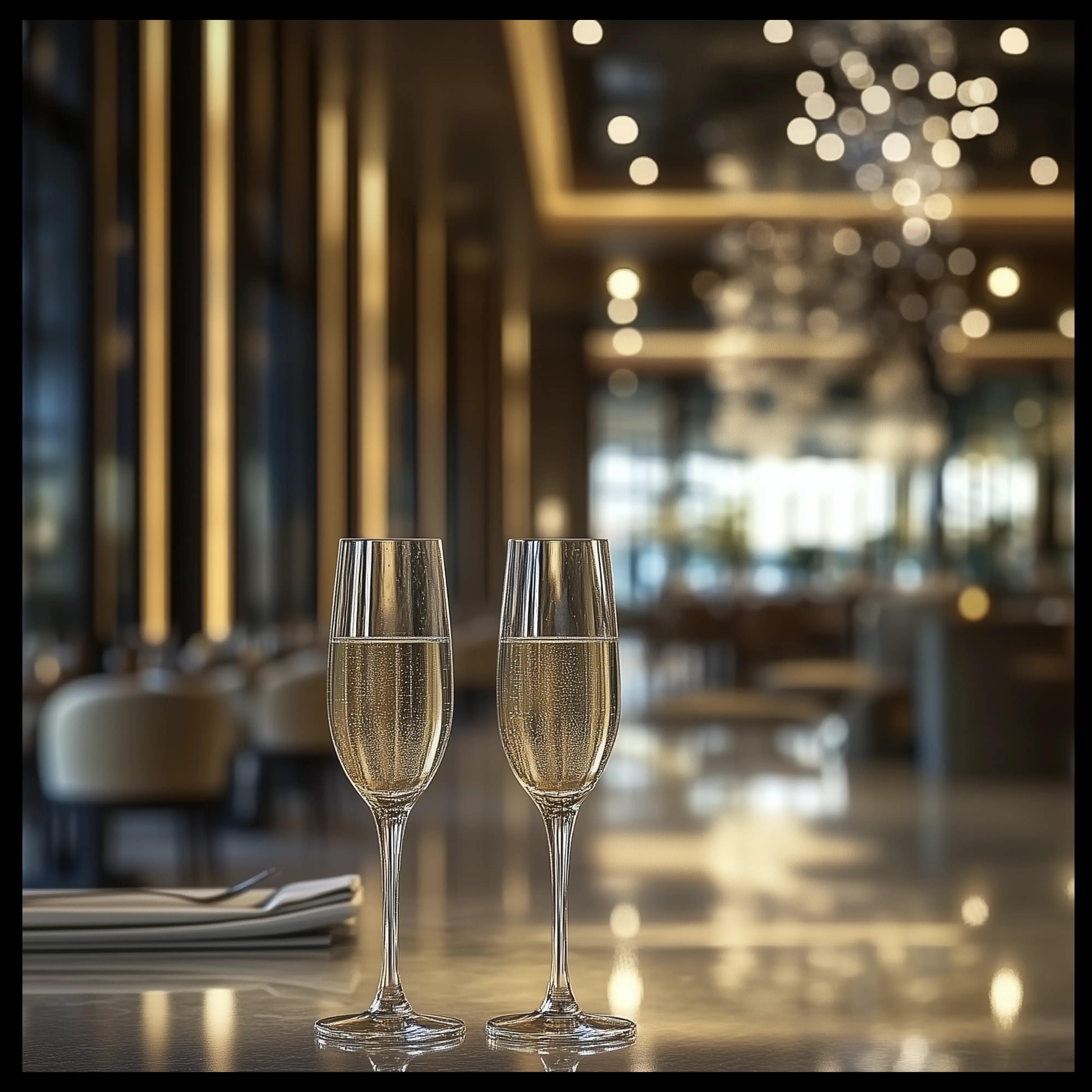 A night in a modern hotel interior with gold lights and 2 glasses of champagne, perfect luxury gift for couples.