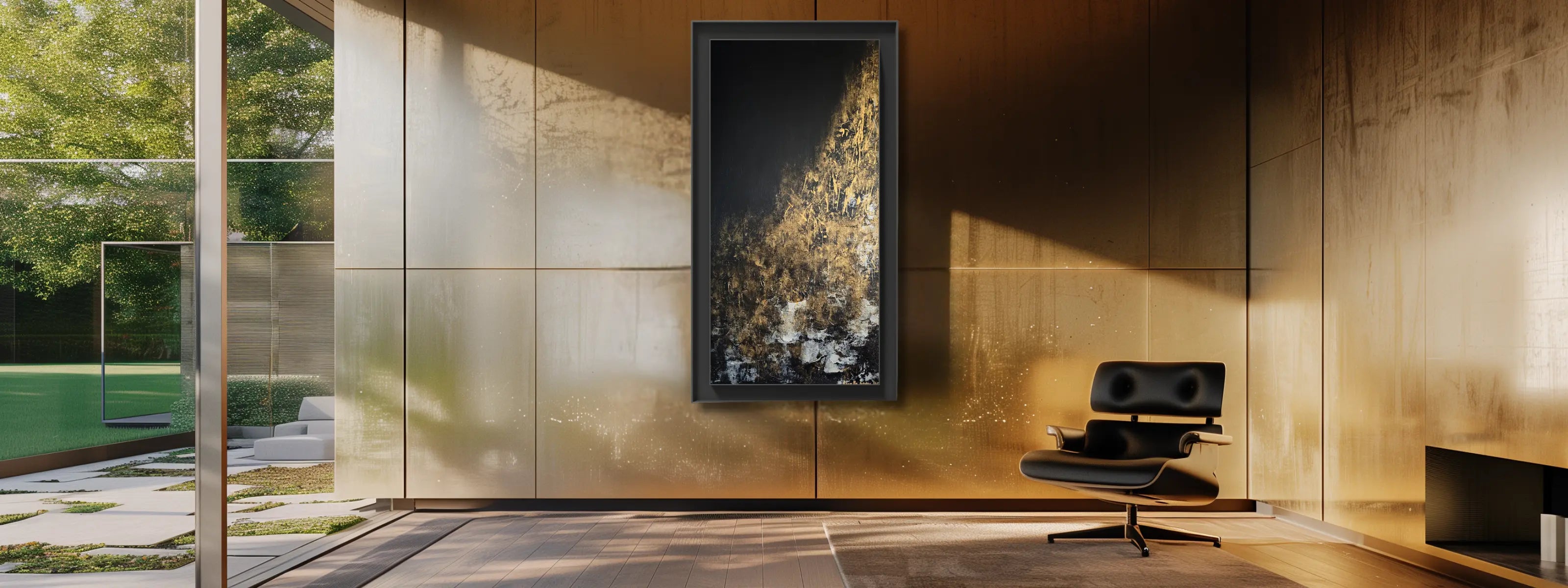 Minimalist study room with Gold Wall Art and designer armchair. 