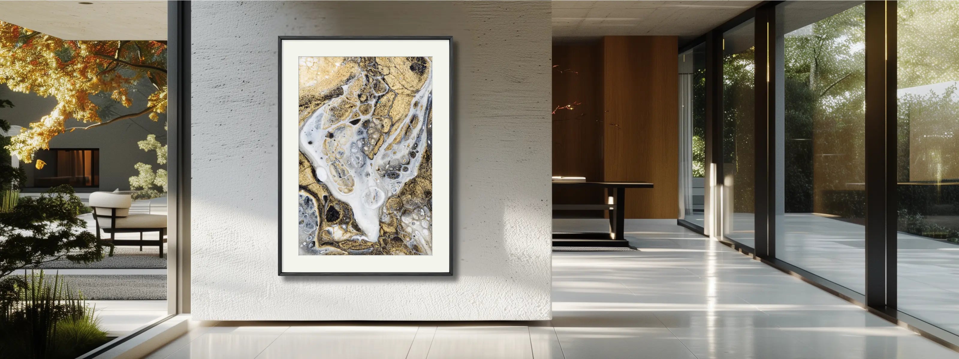 Modern contemporary house entrance with abstract artwork in gold and a black frame. 