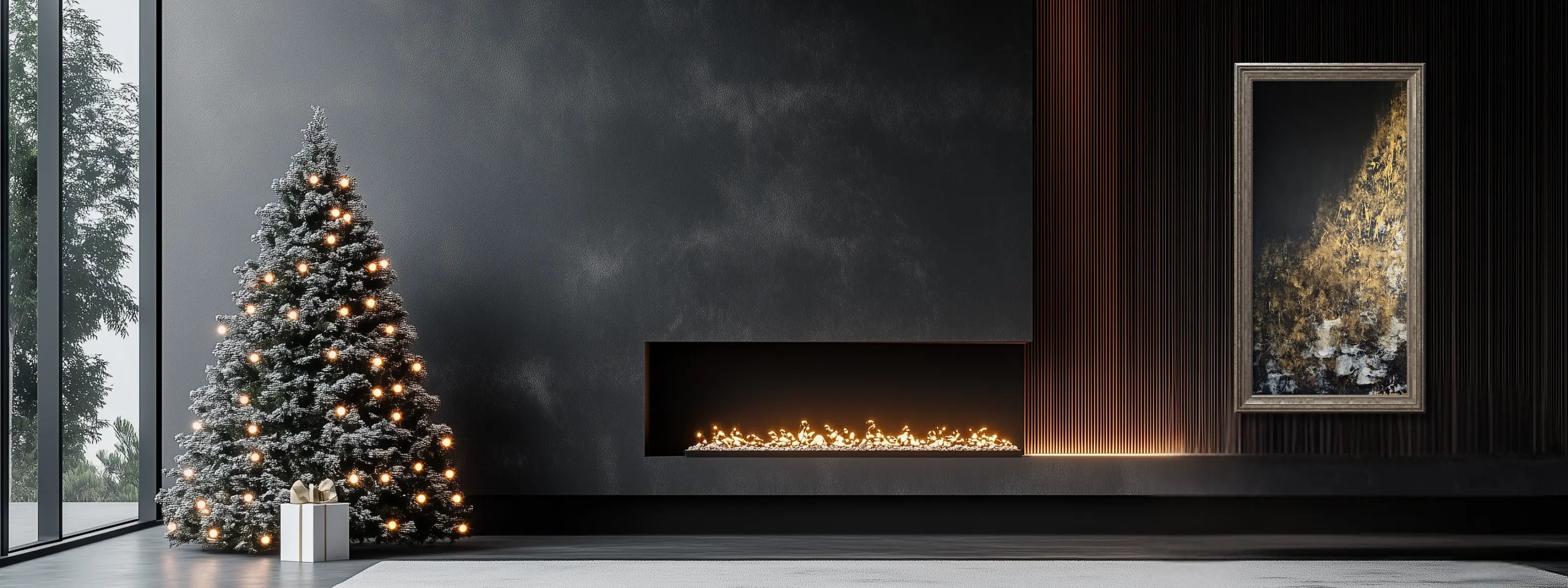 Modern dark living room with a dark accent wall and a fireplace and a large luxury abstract painting in gold in a wooden frame. 