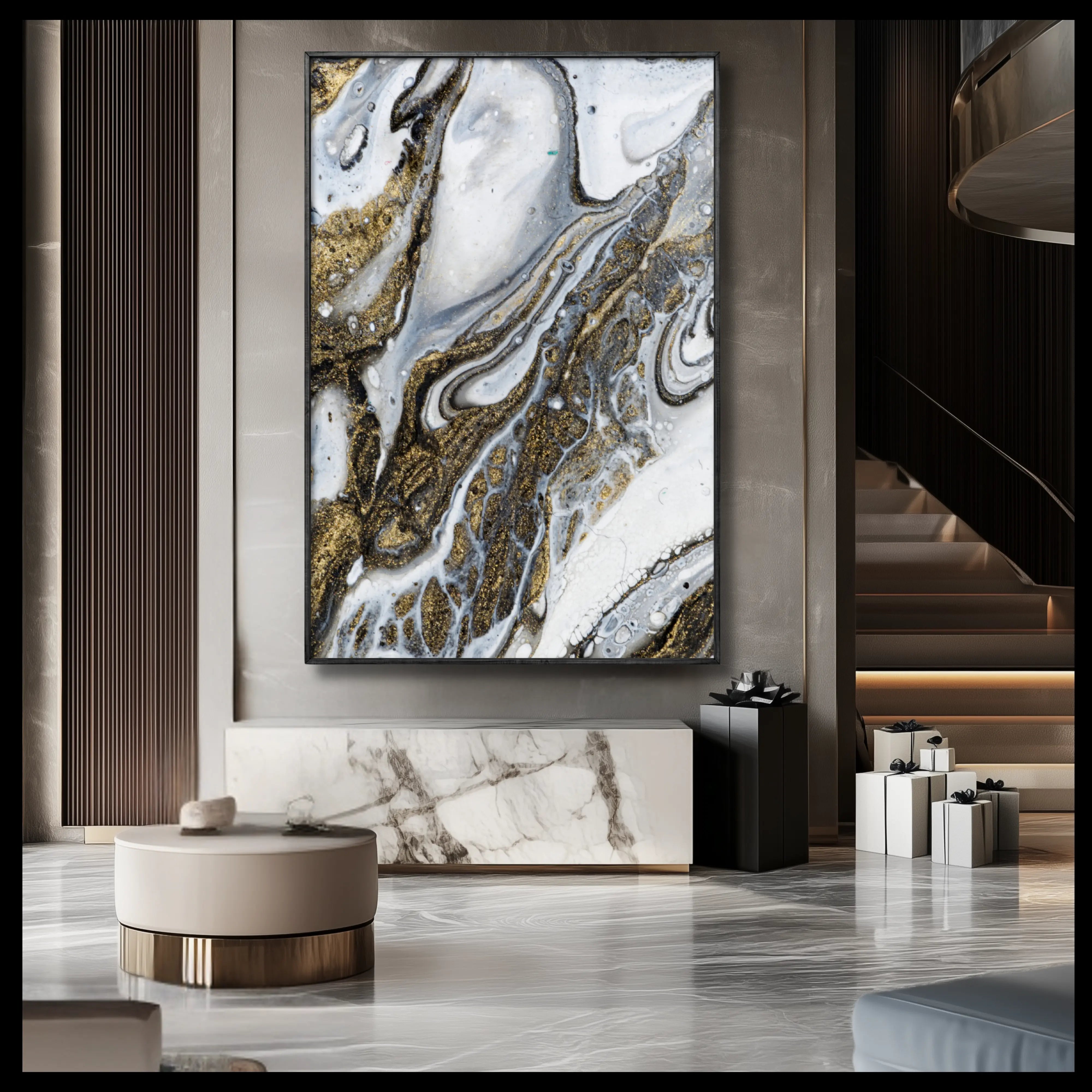 Modern elegant chic hotel entrance with large abstract painting in a black contemporary frame.  