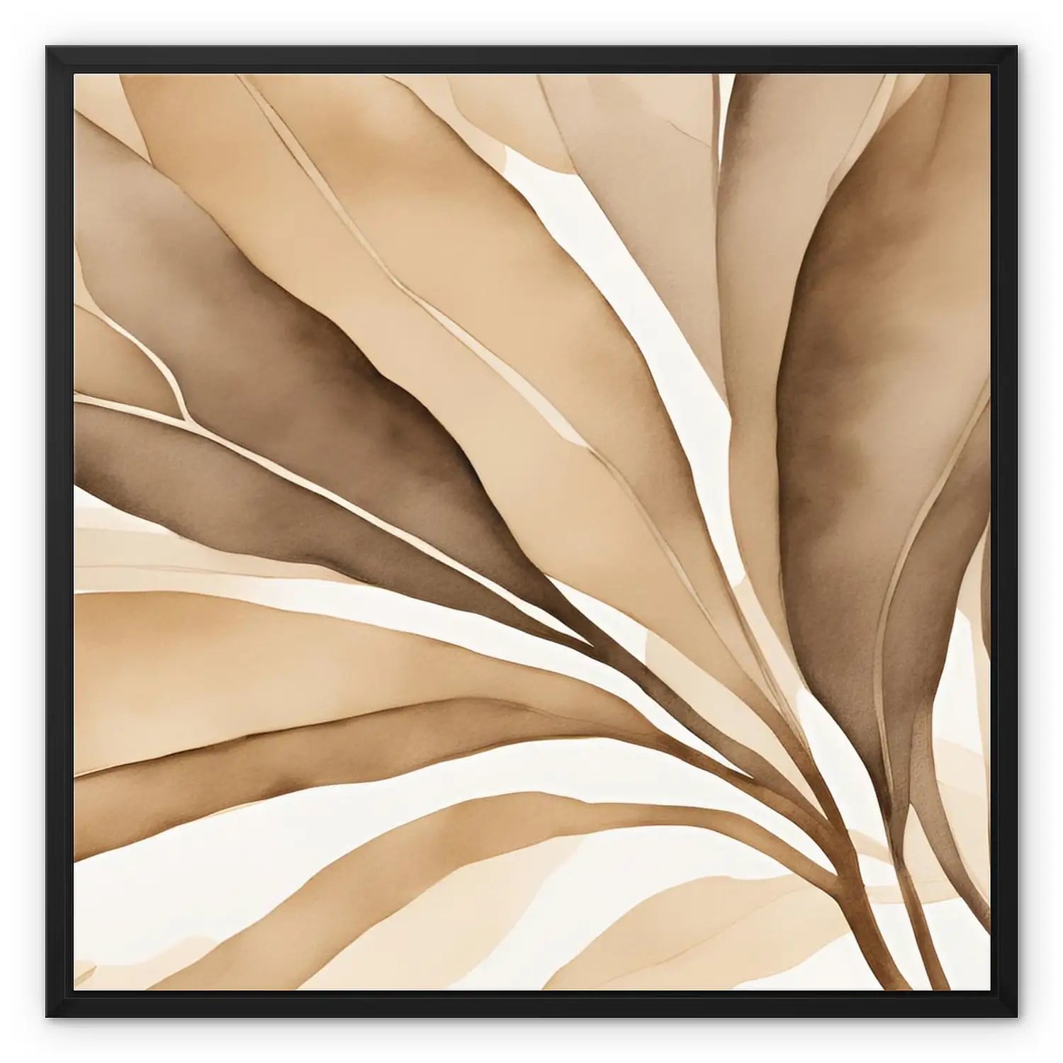 framed abstract wall art in tan in a black wooden frame.  