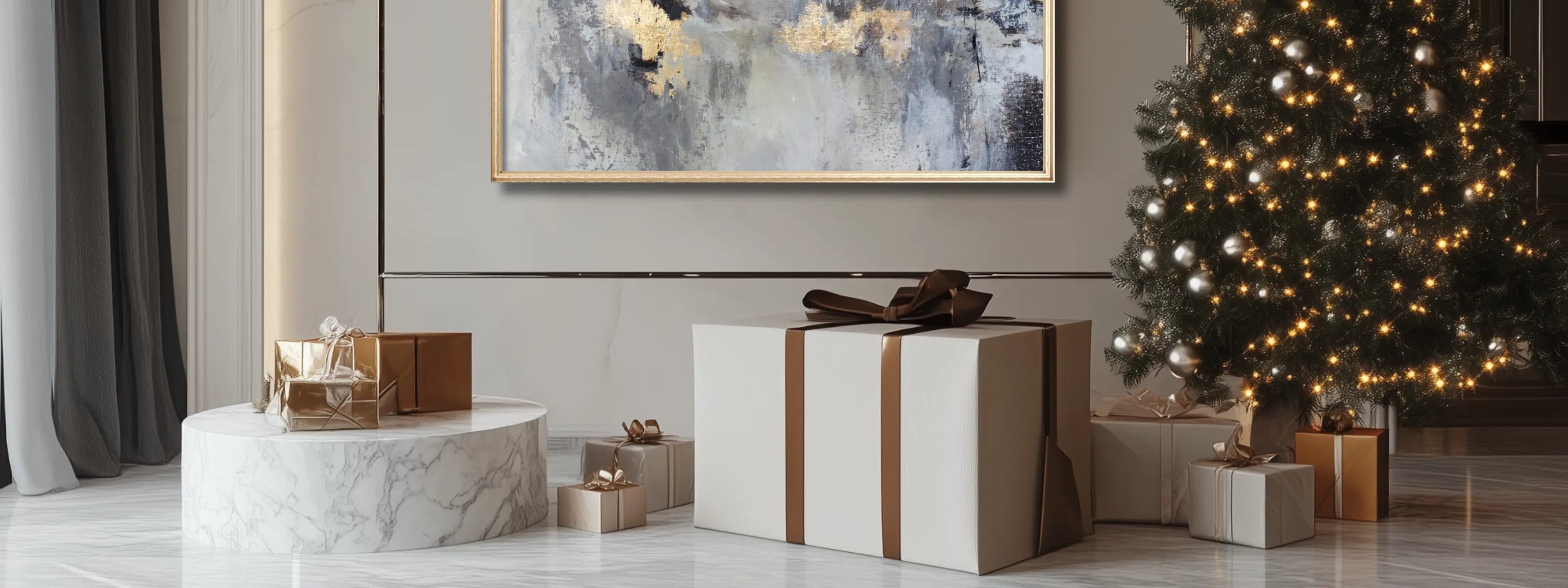 modern living room with a chic Christmas tree,  wrapped presents and luxury gifts, abstract painting in a golden frame hanging on a white wall. 