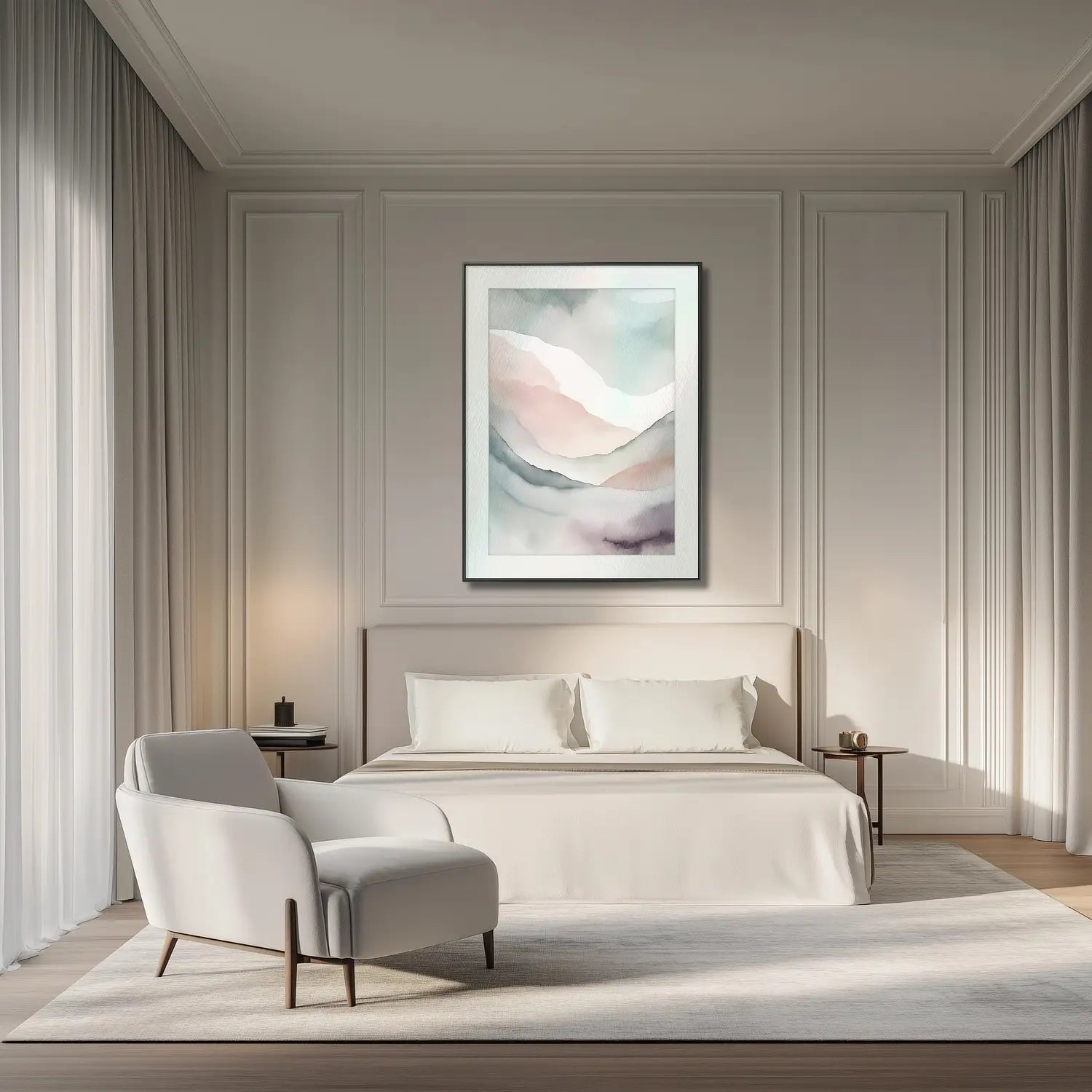 Palette of Peace: Bespoke Fine Art Print for Elegant Bedroom