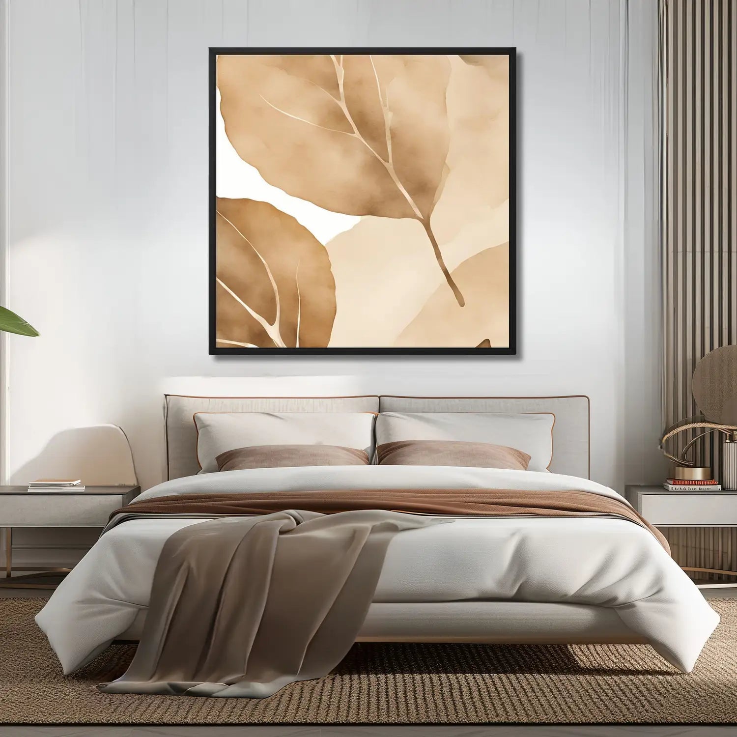 Sanctuary_Botanical Print in a black frame in a beige modern bedroom. 