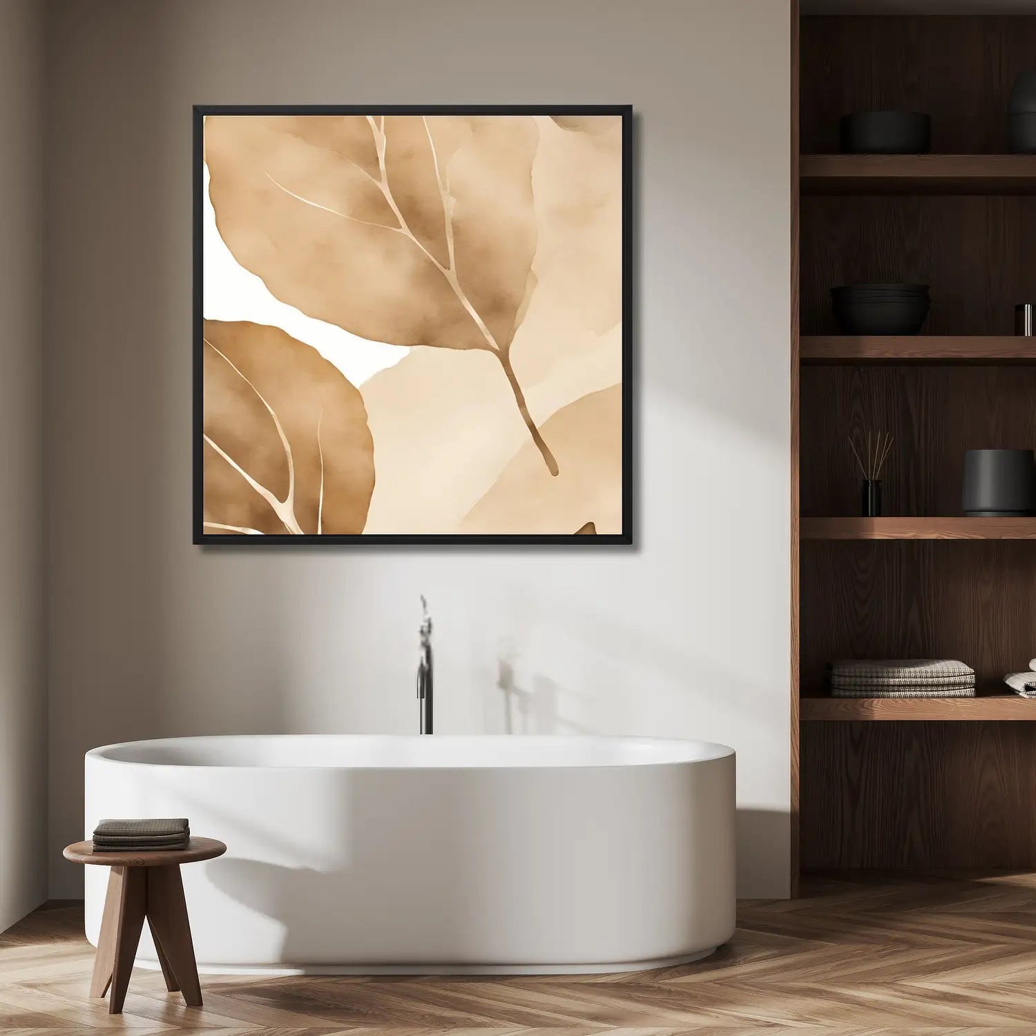 Sanctuary_Botanical Canvas Print in a modern bathroom in a black wooden frame.