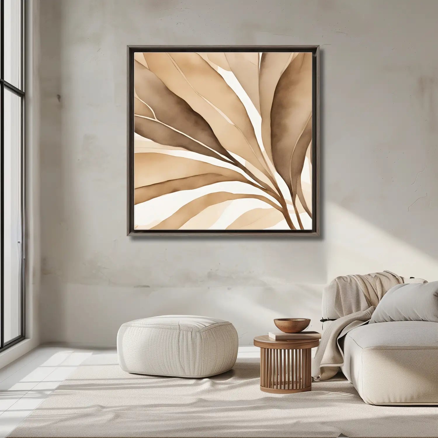 Modern bedroom in beige with framed abstract wall art in beige and white cozy textiles on the bed. 