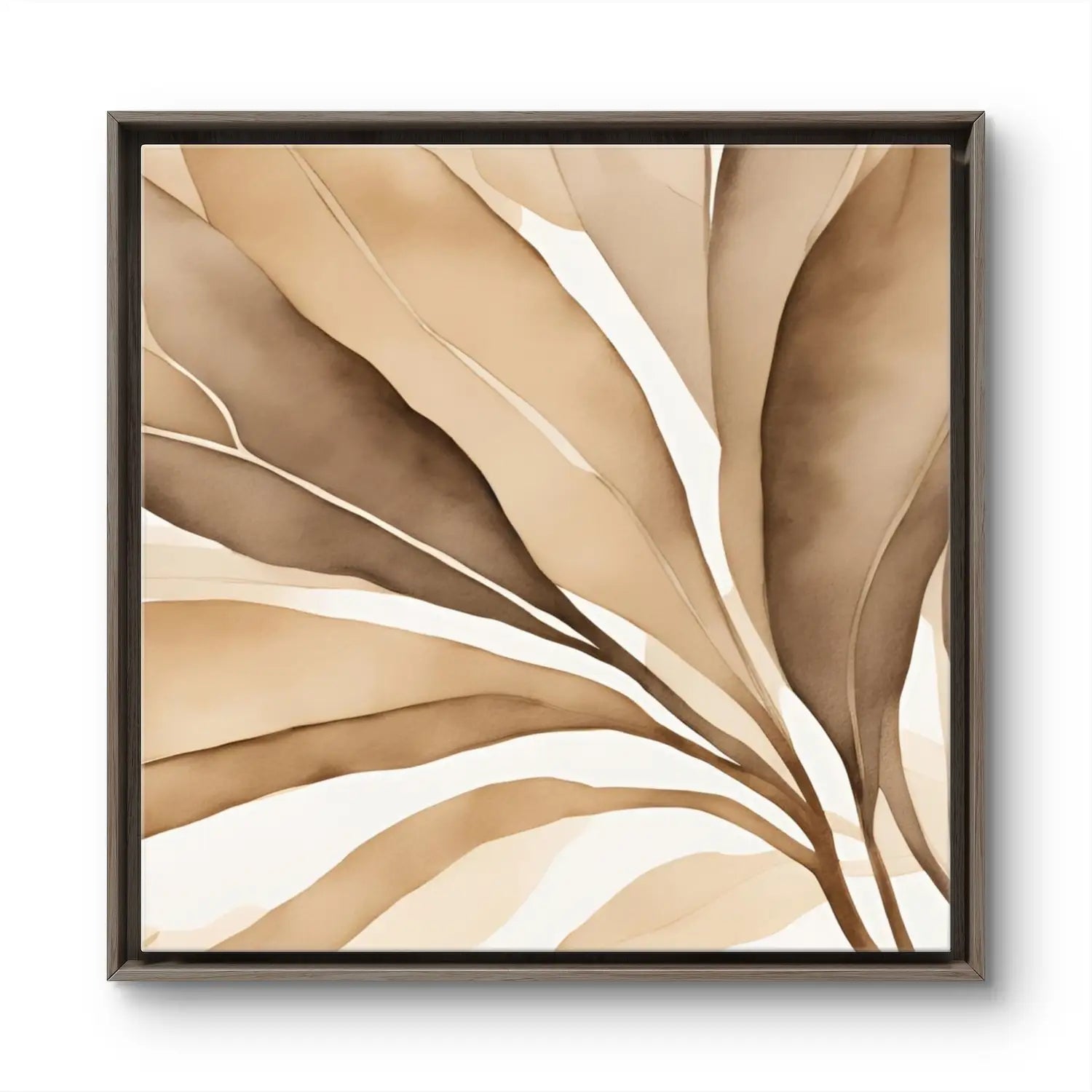 Abstract wall art in beige and white in a brown wooden frame.