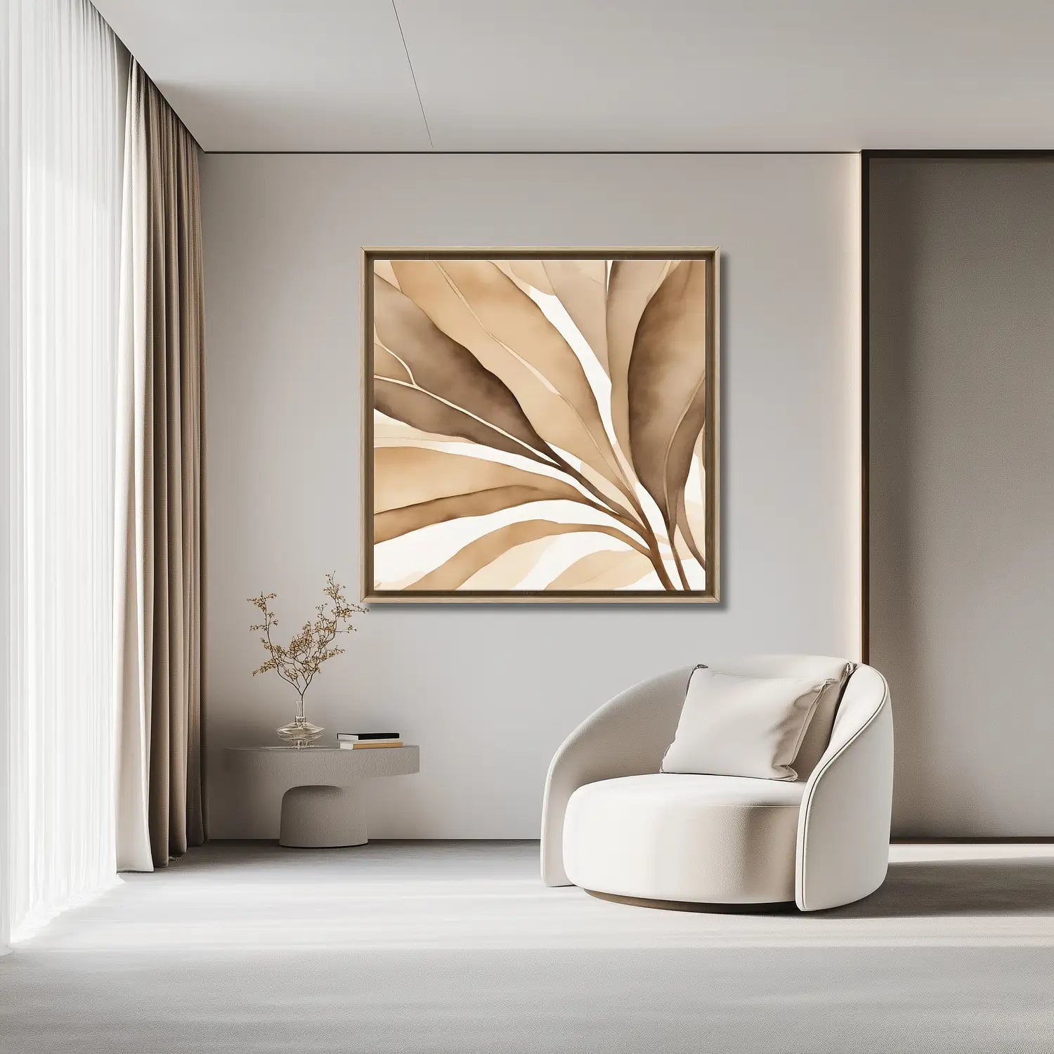 Modern bedroom in white and cream with framed abstract wall art in beige and white cozy armchair.