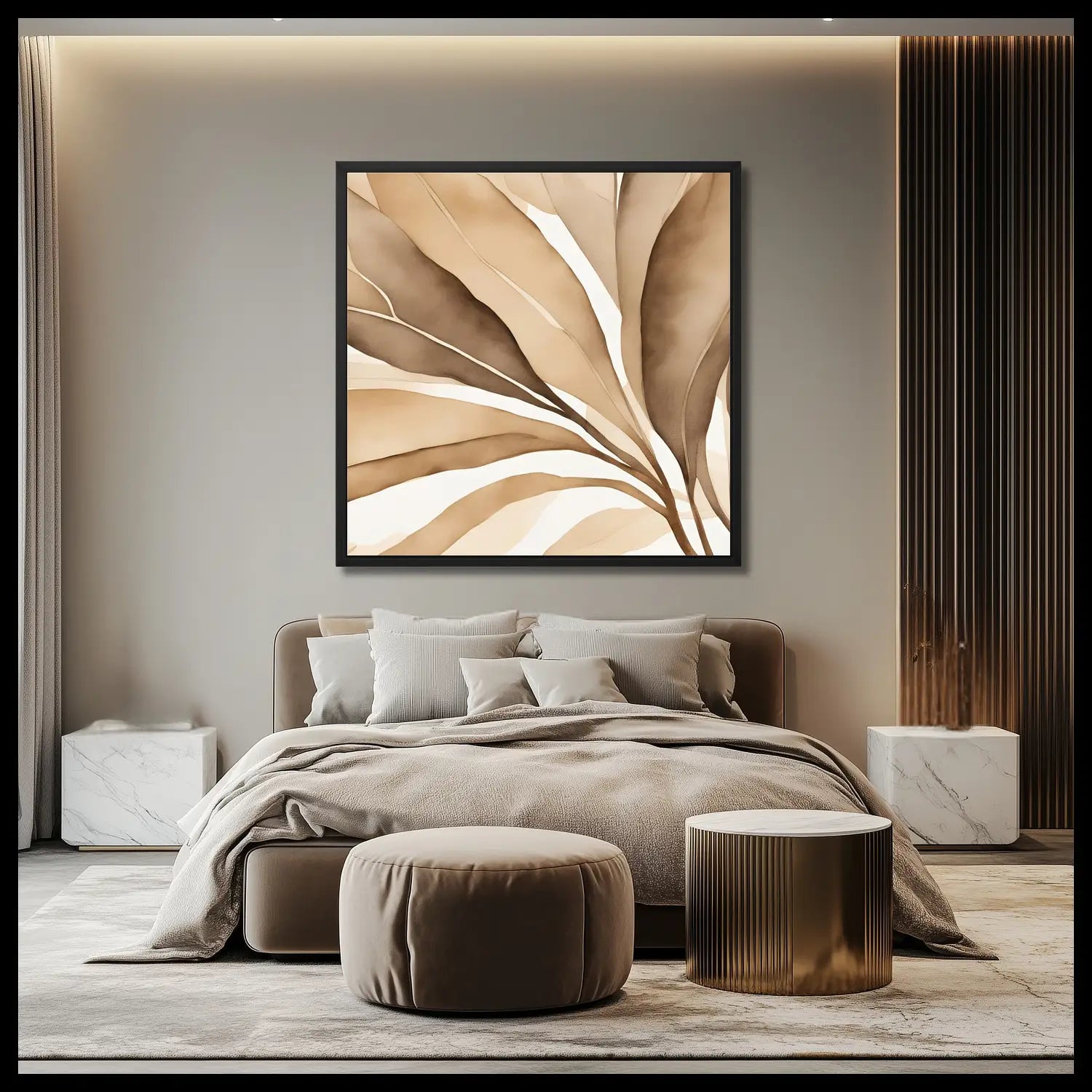 Modern bedroom in beige with framed abstract wall art in beige and white cozy textiles on the bed. 