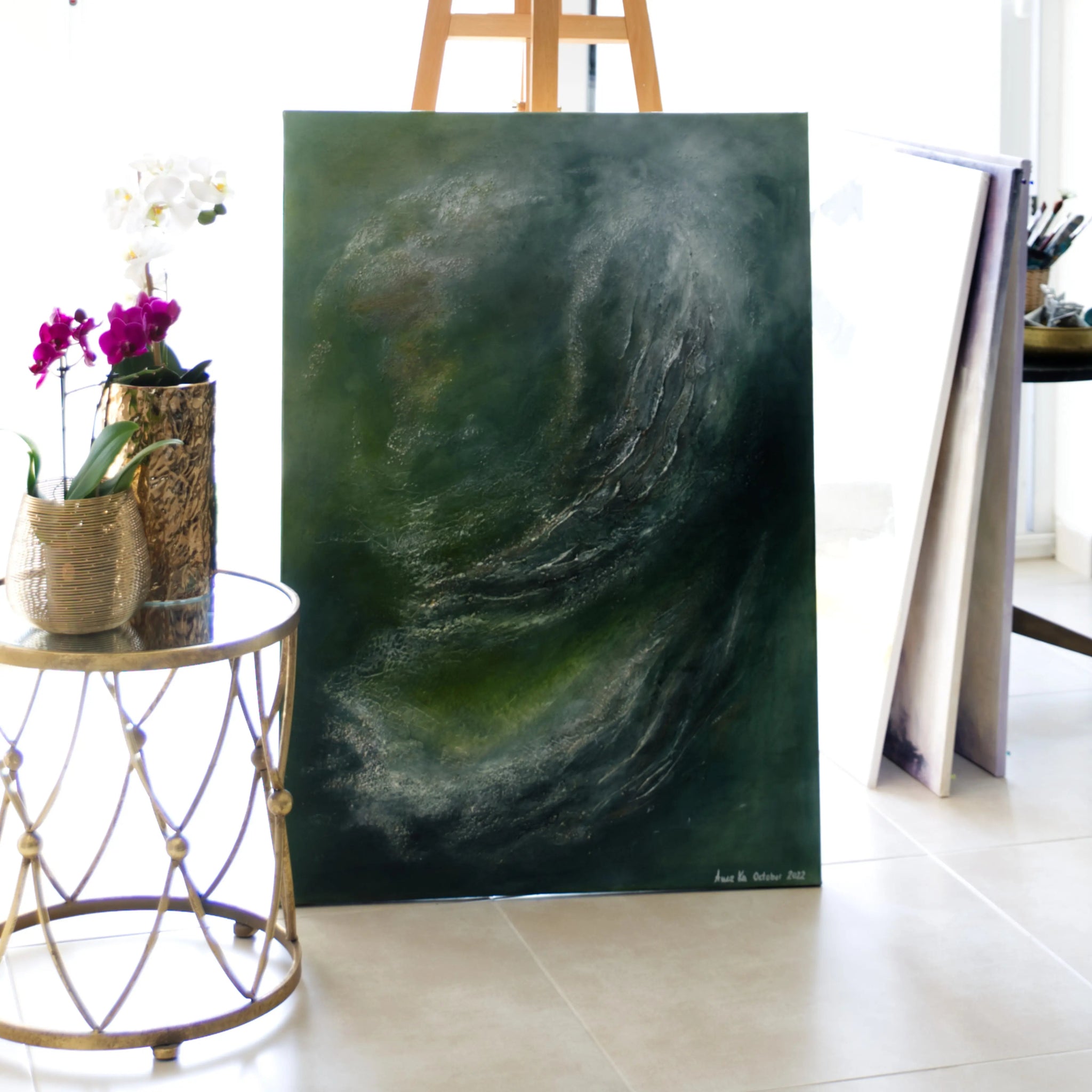 New Beginnings | Contemporary Abstract Painting in Sage Green - Anez Ka Arts Luxury Wall Art