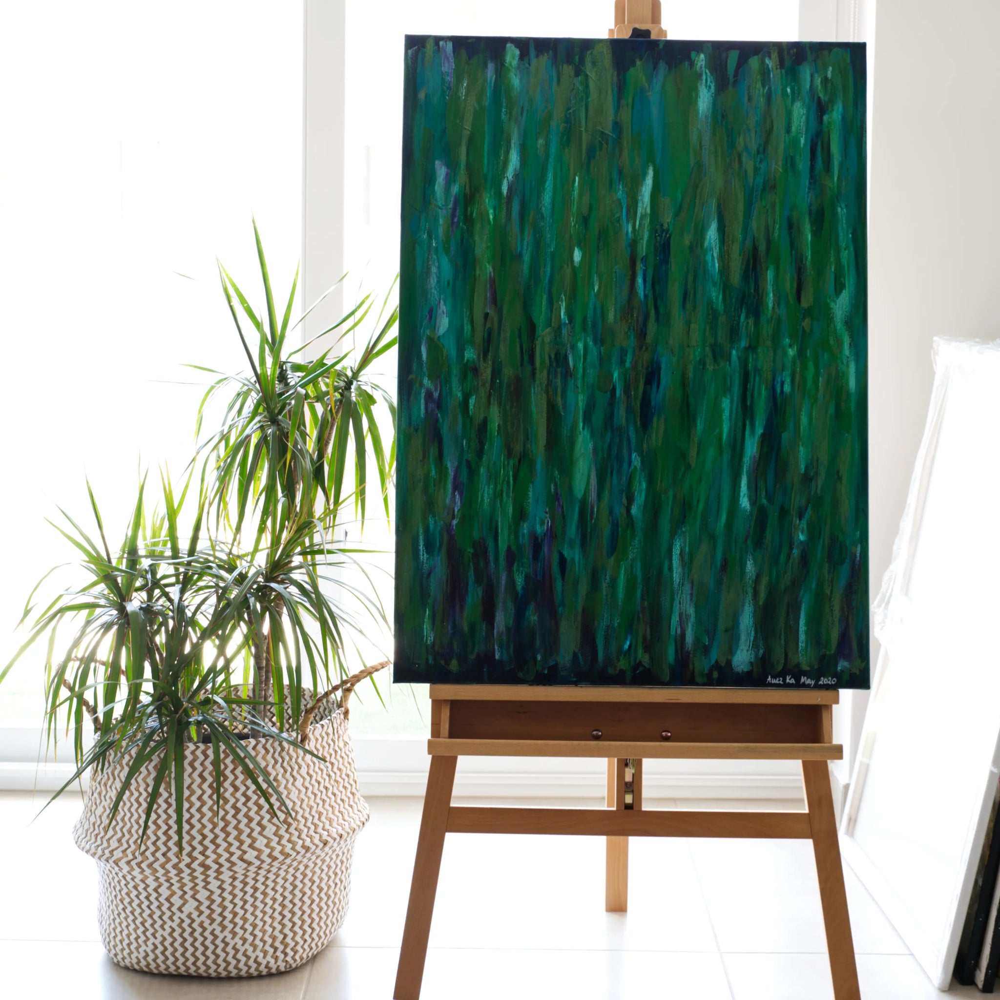 October Rain | Tranquil Original Abstract Painting in Green - Anez Ka Arts Luxury Wall Art